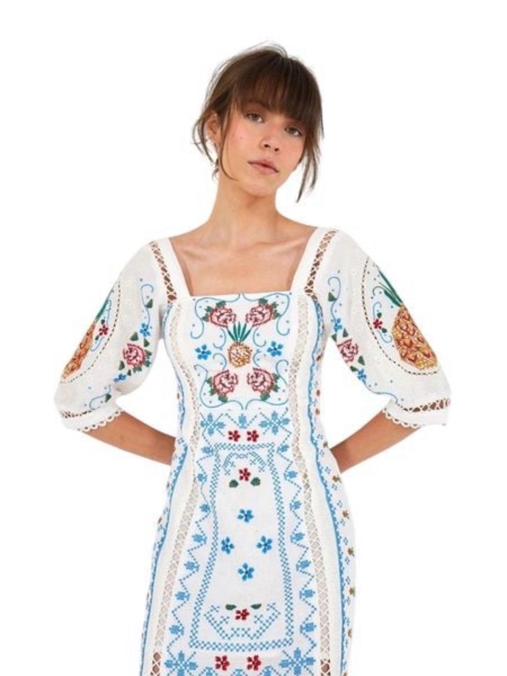 NWOT Farm Riot White Linen Embroidered Midi Dress with Puff Sleeves